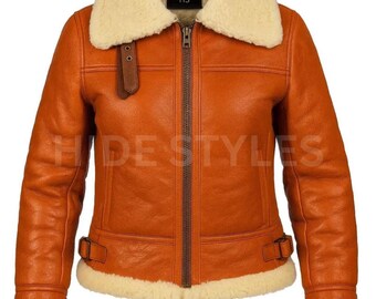 Women’s Sheepskin Leather Jacket, B3 Aviator Bomber Jacket Women, Real Shearling