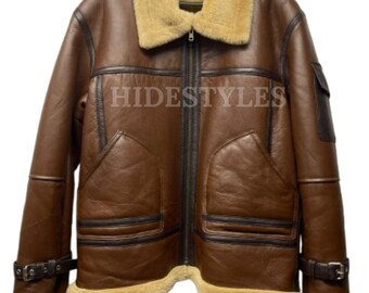 Men's Brown Shearling Bomber Jacket with Leather Detail - Warm & Stylish Aviator Flight Coat