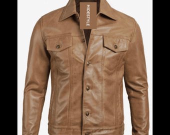 Men's Tan Brown Cowhide Leather Trucker Jacket - Slim Fit Vintage Style
