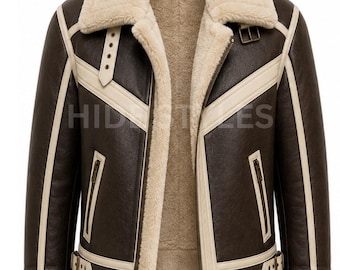 Men's Brown Leather-Look Aviator Jacket – Cream Shearling Lined Biker Coat