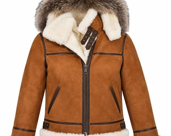 Men's Sheepskin Shearling Bomber Jacket: Hooded B3 Aviator Style