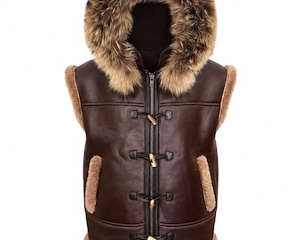 Men's Brown Sheepskin Shearling Aviator Vest: Hooded B3 Bomber