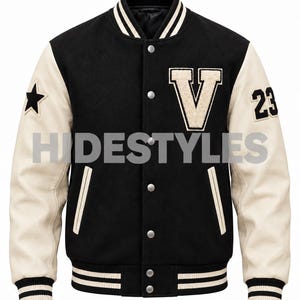 Jaqueta Varsity Masculina Preta, Jaqueta Letterman Creme com Mangas de Couro, Casaco Bomber com Apliques de Chenille, Jaqueta Vintage de Beisebol Universitário