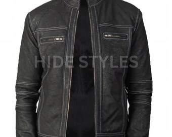 Men's Black Leather Cafe Racer Jacket – Slim Fit Biker Style Coat