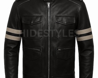 Men's Black Leather Biker Jacket: Genuine Cowhide with Beige Stripes