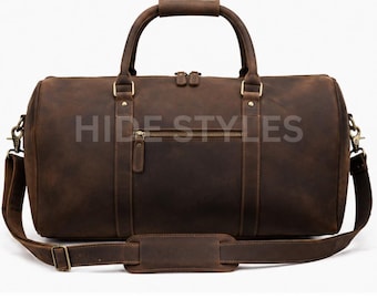 Distressed Brown Leather Duffel Bag, Travel Weekender with Shoulder Strap