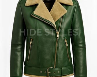 Green Sheepskin Leather Jacket, Shearling Aviator Biker Coat, Real Leather Winter Warmth