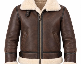Mens Genuine RAF B3 fur Bomber Leather Aviator Flight Sheepskin Shearling leather Jacket