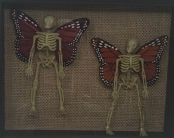 Orange & Red Fairy Skeletons - Assemblage Hanging Sculpture - FREE SHIPPING