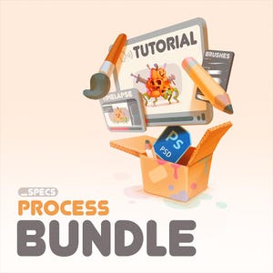 Op de afbeelding: Een digitale illustratie van een procesbundel voor het maken van een cartoonmonster. De bundel bevat een tutorial, kwasten, een timelapse-video en een PSD-bestand. De items zijn gerangschikt in een doos met de tekst "PROCESS BUNDLE" in grote, vetgedrukte letters.