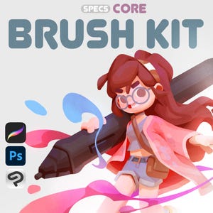May include: A digital illustration of a person holding a large black stylus pen. The person is wearing a pink shirt, blue shorts, and glasses. The background is pink and blue with paint splatters. The text "SPECS CORE BRUSH KIT" is at the top of the image.
