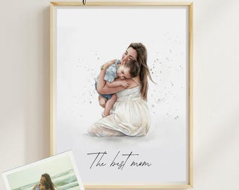 First Mothers Day Portrait Gift, Custom Watercolor Mother Portrait, Personalized Mothers day Gift, Digital Wall Art Mom, Grandma Gift