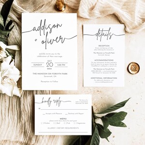 May include: Wedding invitation suite printed on white cardstock with black calligraphy. The invitation features the couple's names, Addison and Oliver, the date and time of the wedding, and the location, The Mansion on Forsyth Park in Savannah, Georgia. The RSVP card includes a menu with options for chicken, beef, fish, and vegetarian.