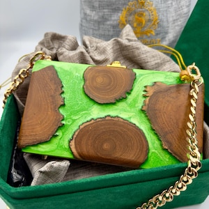 Damen Umhängetasche mit Geschenkbox, Ethereal Clutch Handgefertigte Holz Clutch Handtasche Nachhaltige Teak Holz & Epoxidharz, Umweltfreundliche Tasche