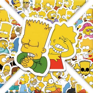May include: A selection of stickers featuring characters from a well-known animated sitcom. The stickers depict Bart and Lisa Simpson in various poses, with yellow skin, and bright clothing. The background is white.