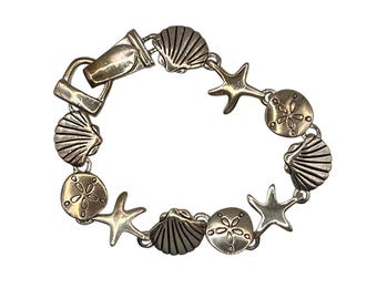 Vintage Nautical Bracelet - Silver Plated Seashells - Starfish - Sand Dollars