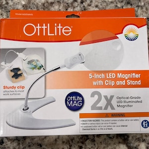 OttLite 5-inch LED Magnifier with Clip & Stand - 2x Magnification- Rimless Lens
