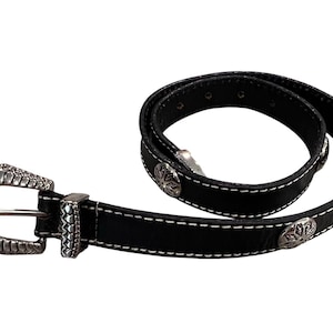 Western Black Leather Belt-Womens Small 28&quot;-Silver Medallion Silver Tone Buckle