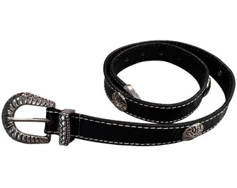 VTG Brighton Black Leather Belt Silver Plate Buckle Set  display picture 1