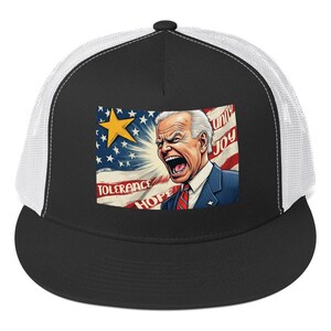 May include: A black and white trucker hat with a mesh back. The front of the hat features a cartoon image of a man with an American flag behind him. The text on the flag reads "Unity, Joy, Tolerance, Hope".