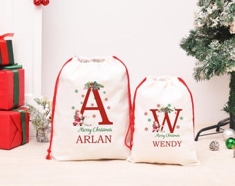 Premium Custom Santa Sack | Thick Canvas Personalised Christmas Present Gift Bag for Him Her Kids Adults | Add Name Initial Xmas Stocking