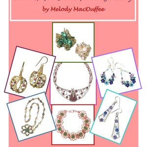 Puede incluir: Una colección de joyería floral de alambre y piedras preciosas de Melody MacDuffee, que incluye varios pendientes, collares y pulseras con intrincados trabajos de alambre y detalles de piedras de colores, sobre un fondo rosa con texto.