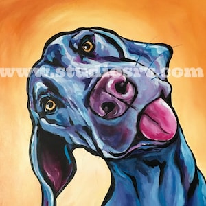 May include: A blue and purple painting of a dog with its tongue sticking out. The dog is looking up and to the right. The background is a light orange color.
