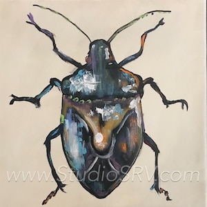 May include: A colorful painting of a bug with a black, blue, green, and orange body. The bug is painted in a stylized way, with the details of its body exaggerated. The background is a light beige.