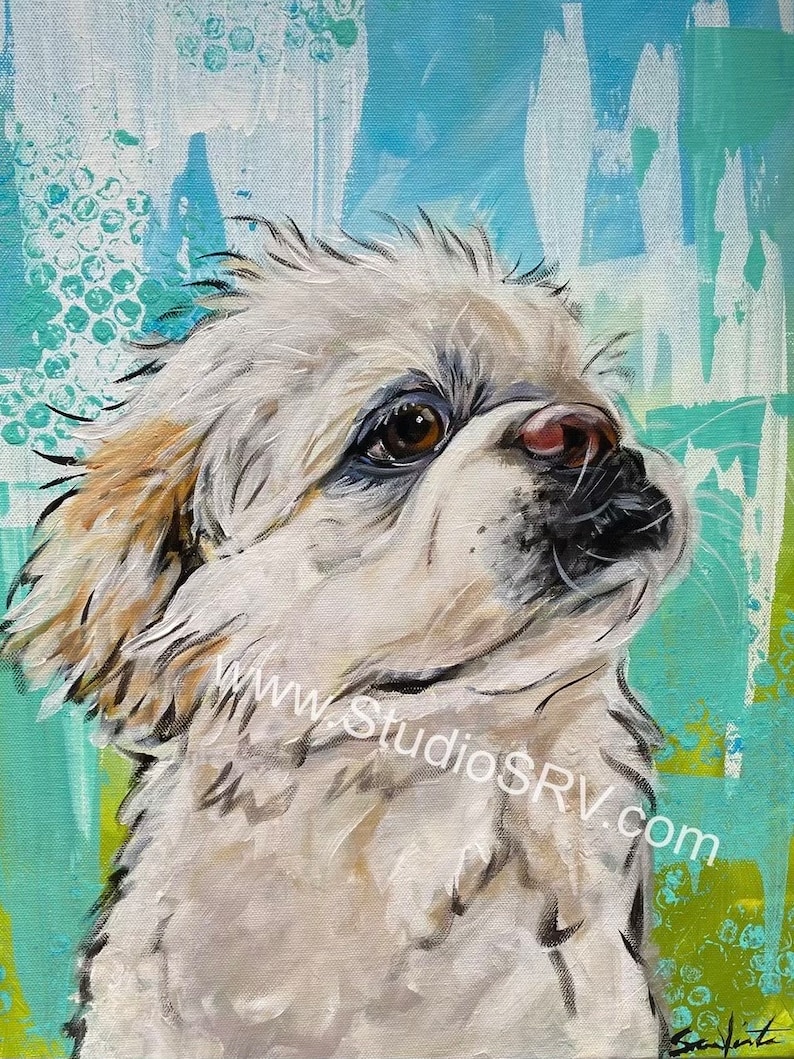 May include: A white dog with brown ears and a black nose is painted in a colorful abstract style. The dog is looking up and to the right. The background is a mix of blue, green, and white.