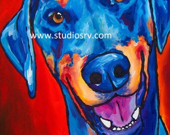 Colorful Doberman Print, Natural Ears, Dog Portrait