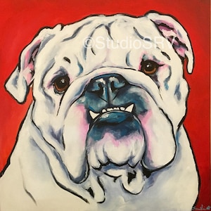 May include: A white bulldog with a blue nose and pink accents is painted against a red background. The bulldog's mouth is open, showing its teeth. The painting is signed "StudioSRV".