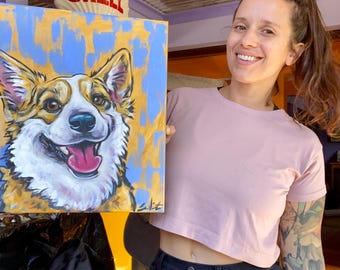 16x16 original corgi painting bow tie