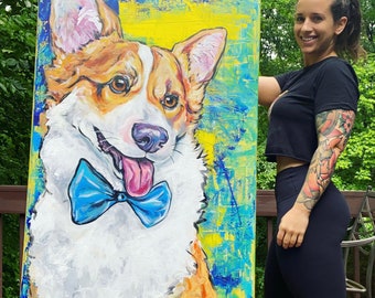 30x48 original corgi painting bow tie