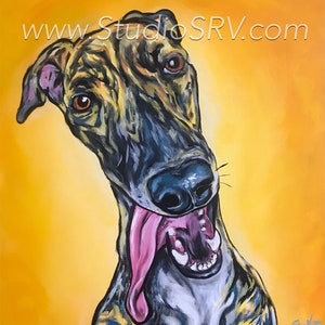 May include: A painting of a dog with a long tongue sticking out. The dog is painted in a stylized, cartoonish style with black, white, and yellow colors. The background is a solid yellow color. The painting is signed "S.V." in the bottom right corner.