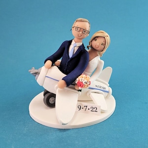 Bride & Groom In a Plane Custom Handmade Wedding Cake Topper - By MUDCARDS