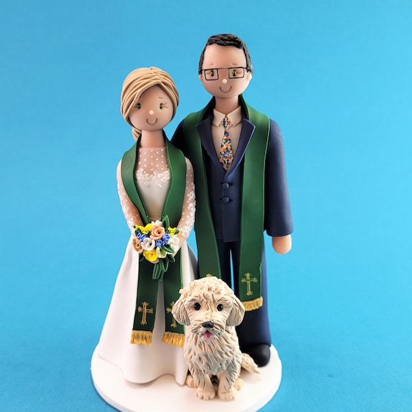 Pastors with a Dog Customized Bride & Groom Catholic Wedding Cake Topper - By MUDCARDS