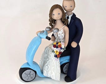 Bride & Groom on Vespa Custom Handmade Wedding Cake Topper - By MUDCARDS