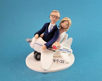 Bride & Groom In a Plane Custom Handmade Wedding Cake Topper - By MUDCARDS