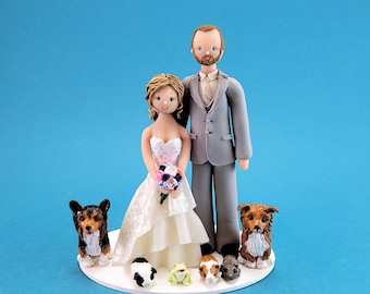 Bride & Groom with Pets Customized Wedding Cake Topper - By MUDCARDS