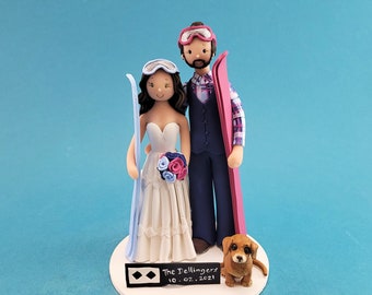 Bride & Groom with a Dog Custom Handmade  Ski Theme Wedding Cake Topper - By MUDCARDS