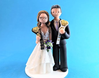 Bride & Groom with Wrestling Belts Customized Wedding Cake Topper - By MUDCARDS