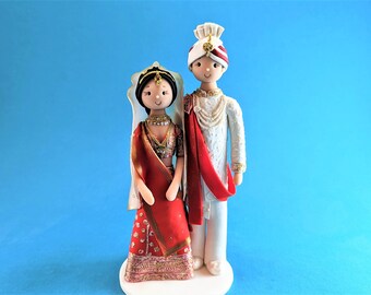 Personalized Bride & Groom in Traditional Saree and Sherwani Indian Wedding Cake Topper - By MUDCARDS