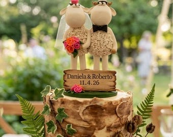 Bride & Groom Custom Handmade Sheep Theme Wedding Cake Topper - By MUDCARDS