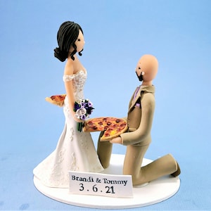 Bride & Kneeling Groom with a Pizza Custom Made Wedding Cake Topper - By MUDCARDS
