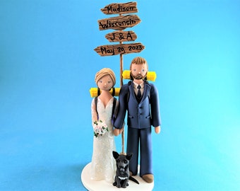 Backpackers with a Dog Personalized Bride & Groom Wedding Cake Topper - By MUDCARDS
