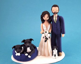 Bride & Groom with Pets Custom Wedding Cake Topper - By MUDCARDS