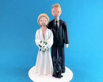 Bride & Groom with a Boston Terrier Custom Wedding Cake Topper - By MUDCARDS