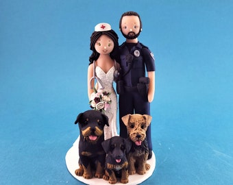 Police Officer & Nurse with Dogs Customized Wedding Cake Topper - By MUDCARDS