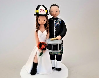Fire-woman & Police-Drummer Customized Scottish Wedding Cake Topper by MUDCARDS