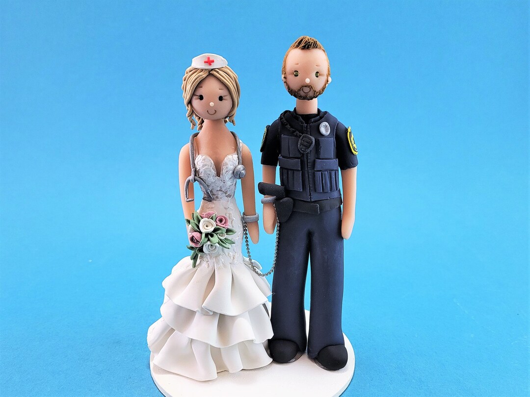Handcuffed Police Officer & Nurse Custom Handmade Wedding Cake Topper